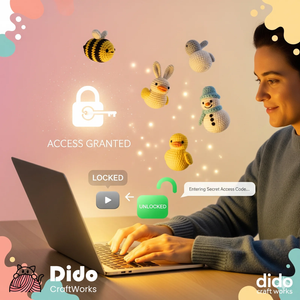 Person using a laptop with animated crochet animals and Dido CraftWorks branding.