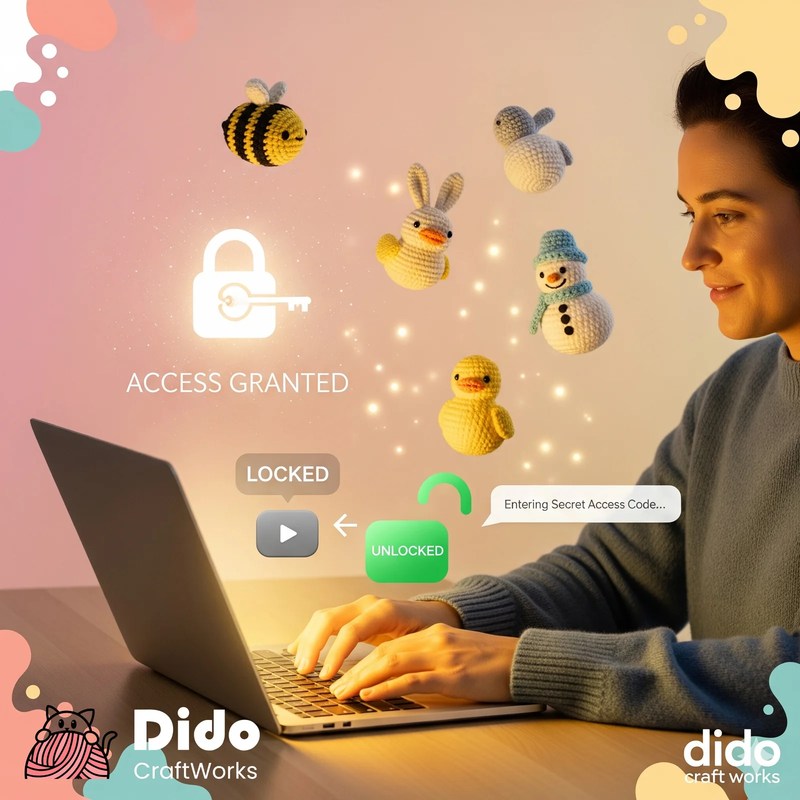 Person using a laptop with animated crochet animals and Dido CraftWorks branding.